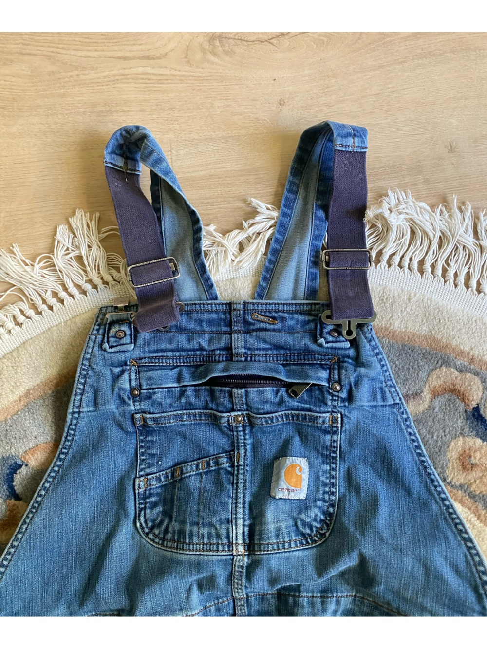 Carhartt Men's Blue Denim Relaxed Jeans Overalls with Navy Straps